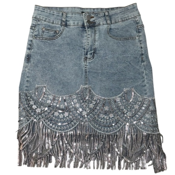 Sequin Fringe Hem Denim Mini Skirt Size L MICAS Jeans Concert Party Silver Blue - Picture 4 of 10